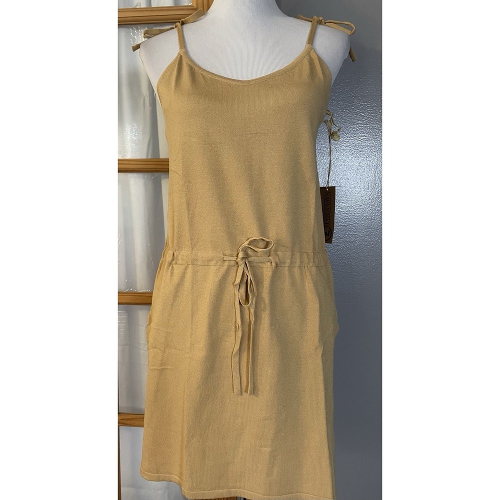 Wishlist Knit Mini Tank Dress Sz S Beige Drawstring Waist Tie Strap Beach Party